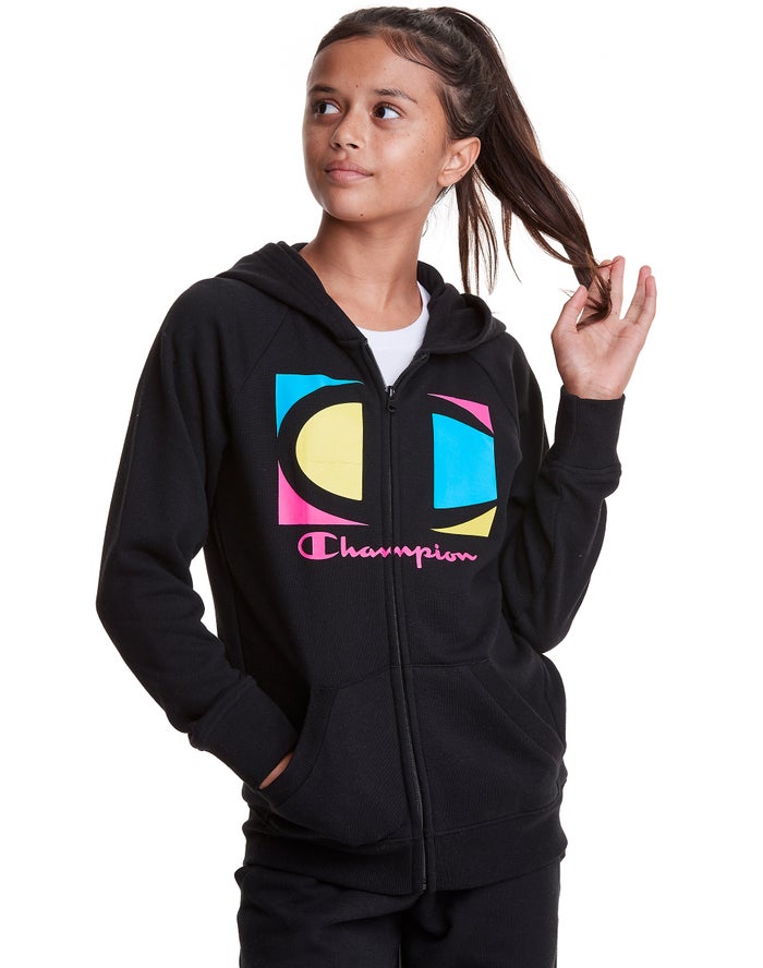 Champion Full Zip Colorblock C Logo Kiz Çocuk Kapşonlu Sweatshirt Siyah ( KBIJED197 )